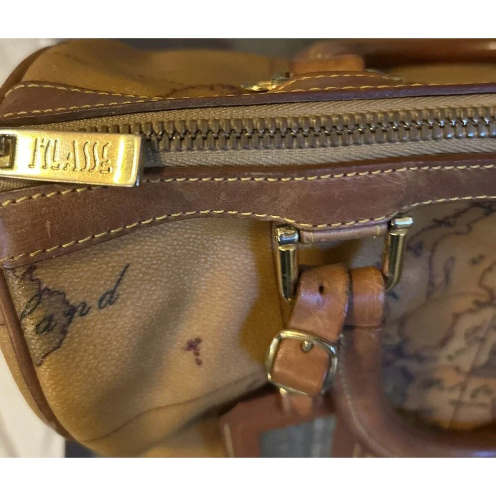 Alviero Martini World Geo Map Boston Satchel Italy canvas cognac leather good!